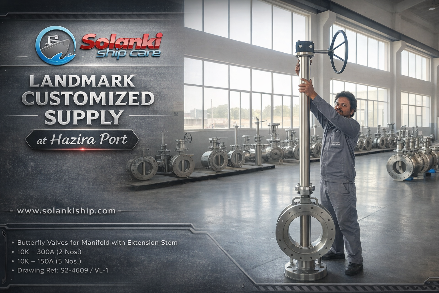 Solanki Ship Care successfully delivered customized Butterfly Valves for Manifold with Extension Stem, engineered as per vessel-specific requirements.  🔹 10K – 300A (2 Nos.) 🔹 10K – 150A (5 Nos.) 🔹 Drawing Ref: S2-4609 / VL-1